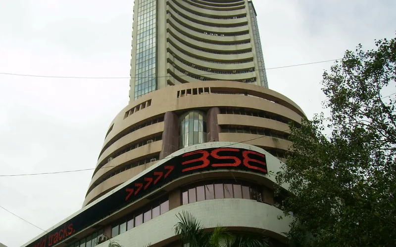 The curved tower of the Bombay Stock Exchange on Dalal Street in Mumbai