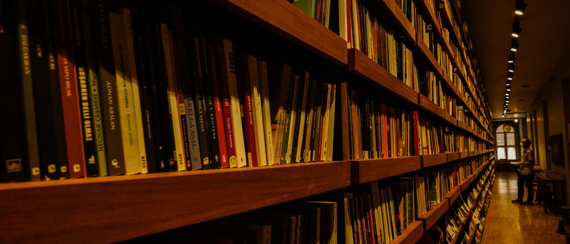 Long rows of books on wooden shelves recede into a warmly lit library.