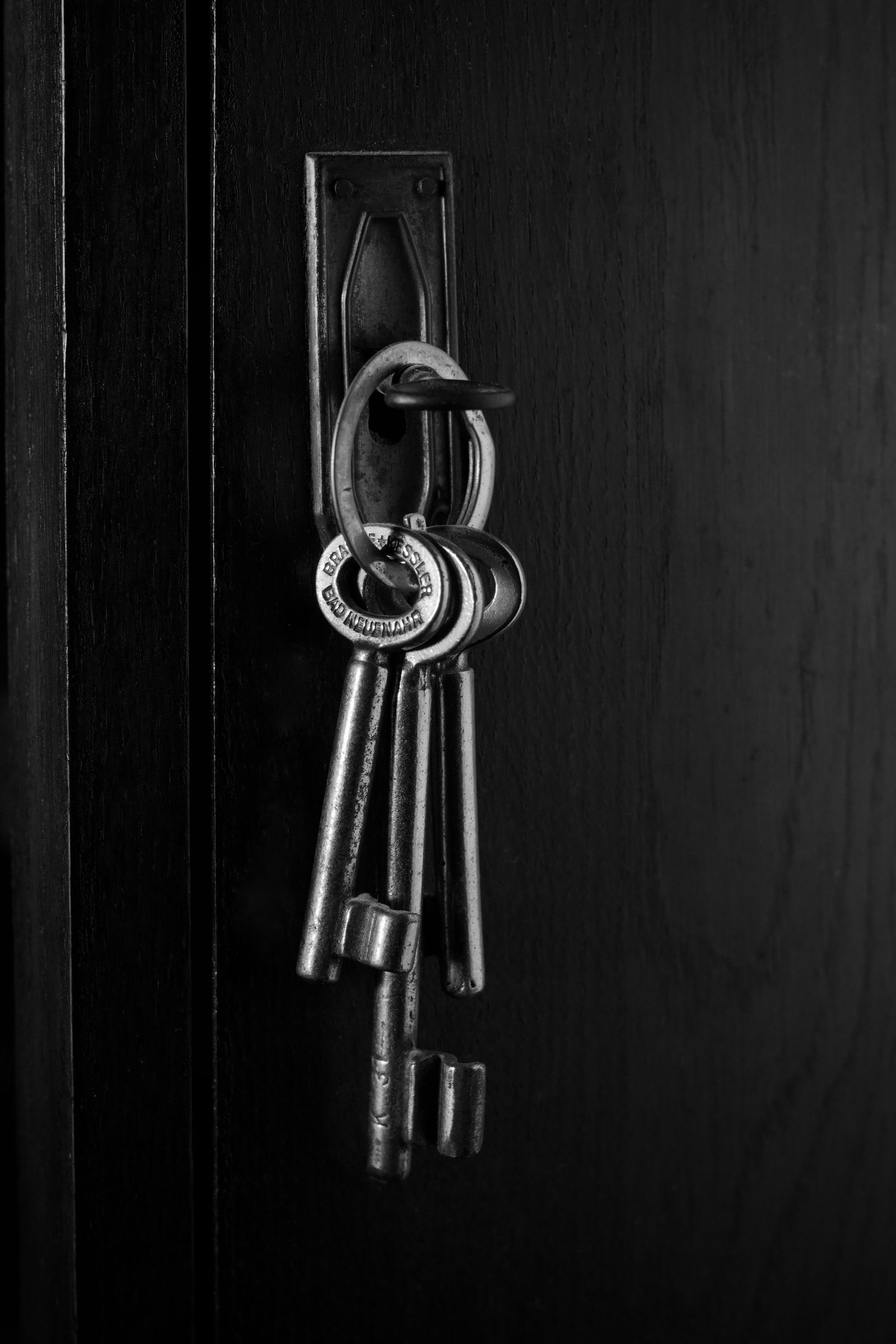 Old skeleton keys hang from a dark wooden door in black and white.