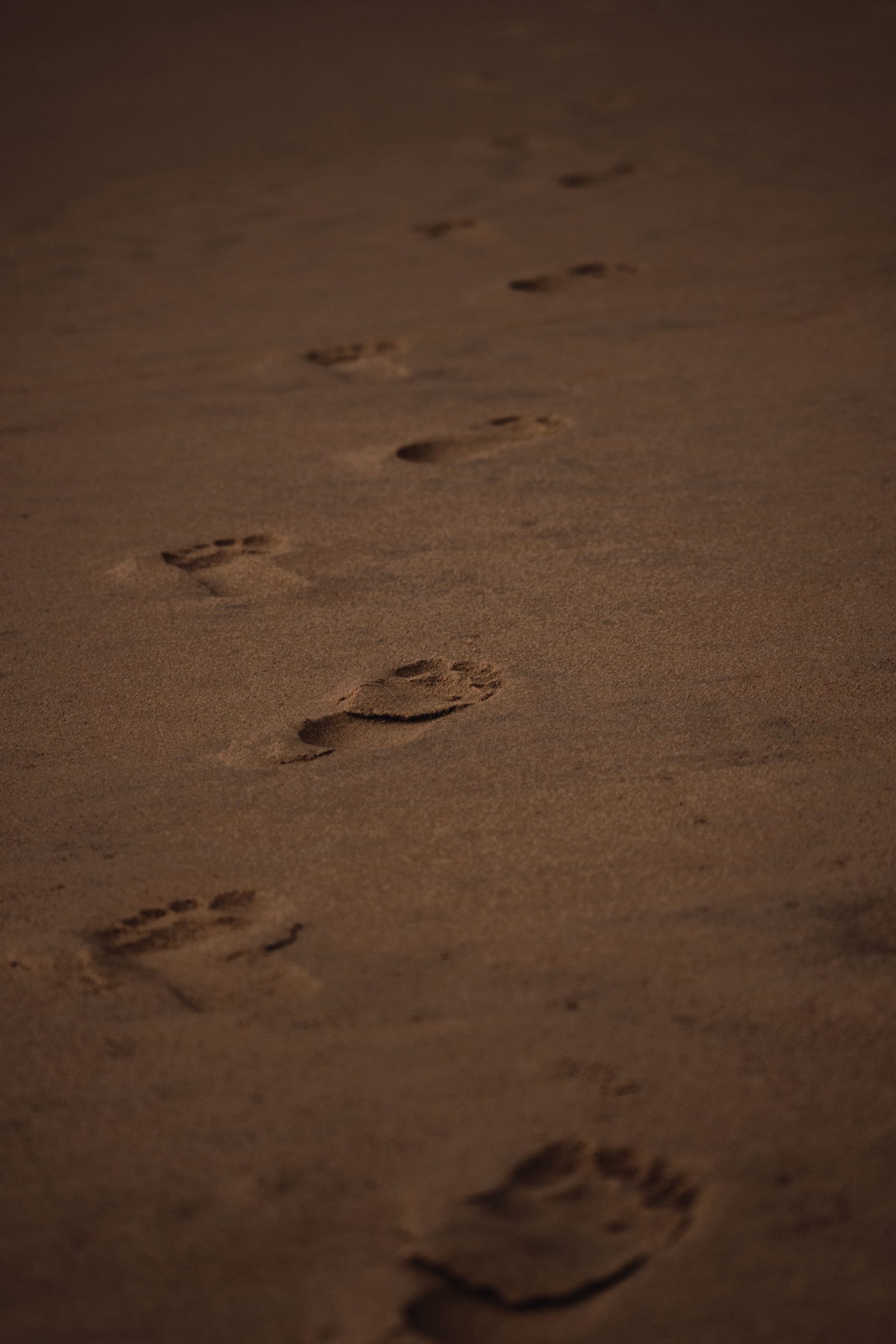 A line of footprints crosses a sandy beach in India at twilight.