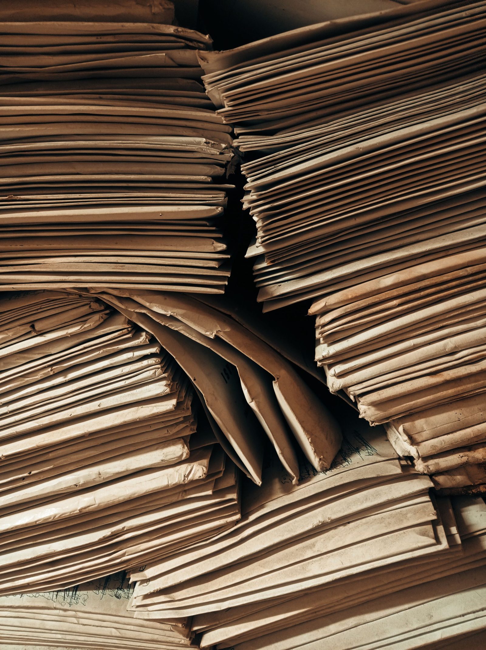 Piles of aged brown paper envelopes stacked closely together.
