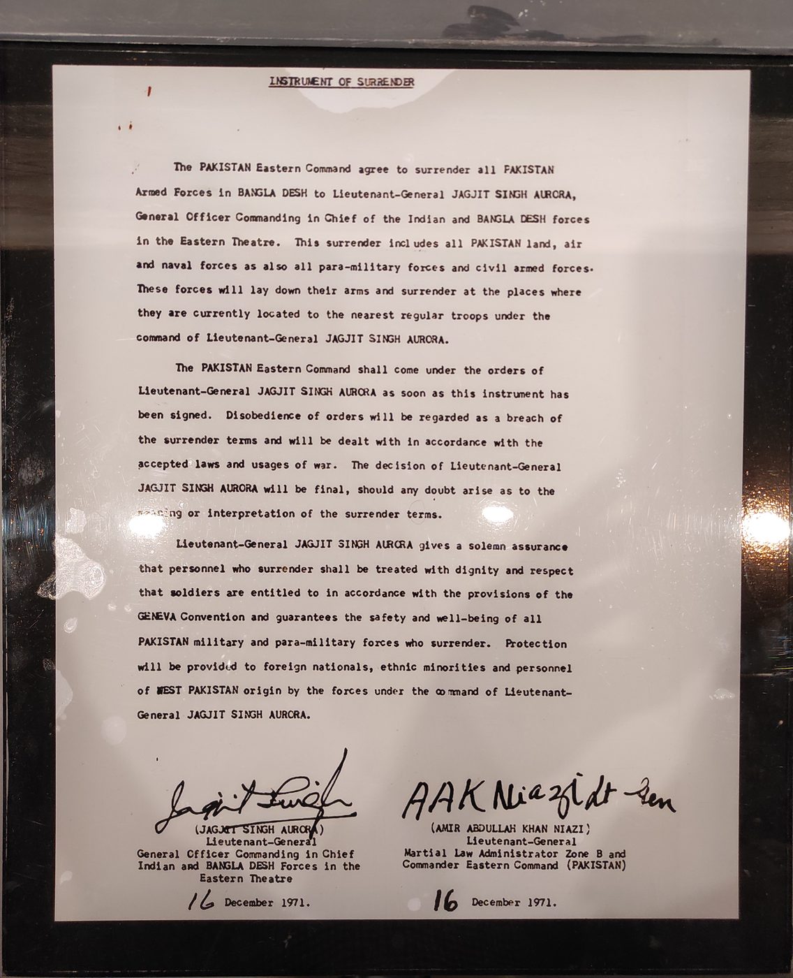 A copy of the typed Instrument of Surrender signed at Dacca on 16 December 1971