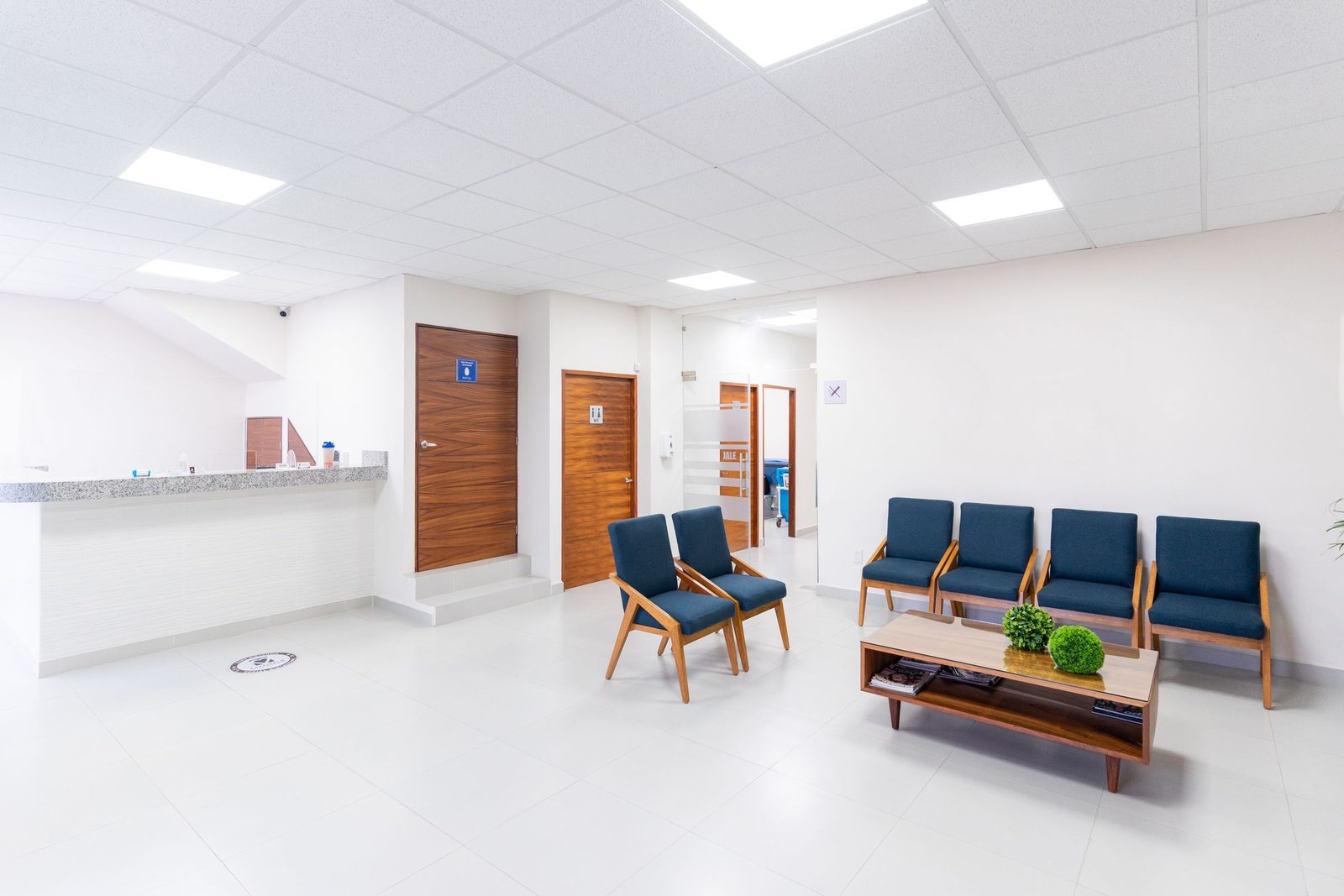 An empty clinic waiting room with rows of modern chairs in bright light.