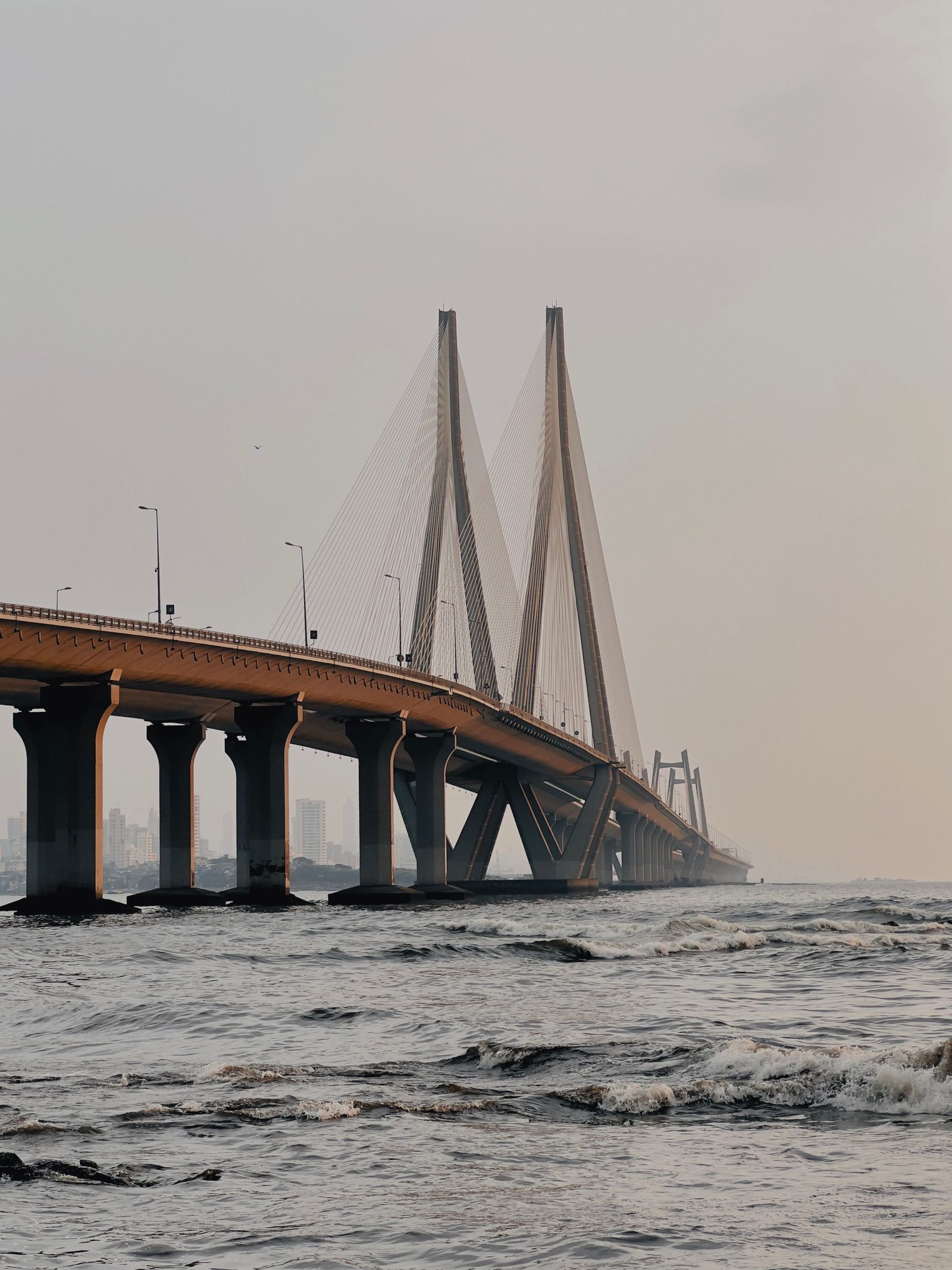 The cable-stayed Bandra-Worli Sea Link crossing the bay towards the Mumbai skyline.