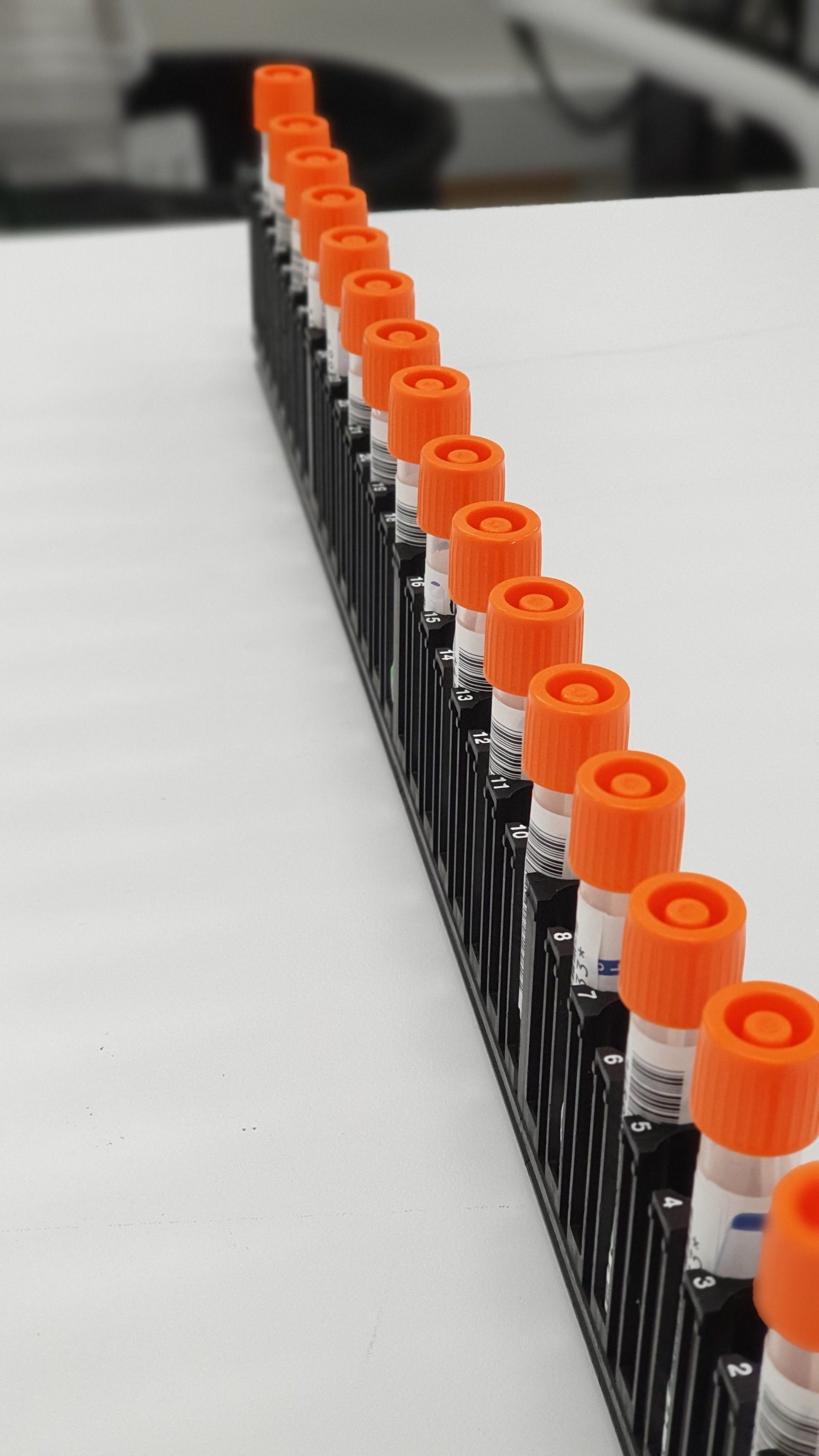 A row of sample tubes with orange caps standing in a laboratory rack.