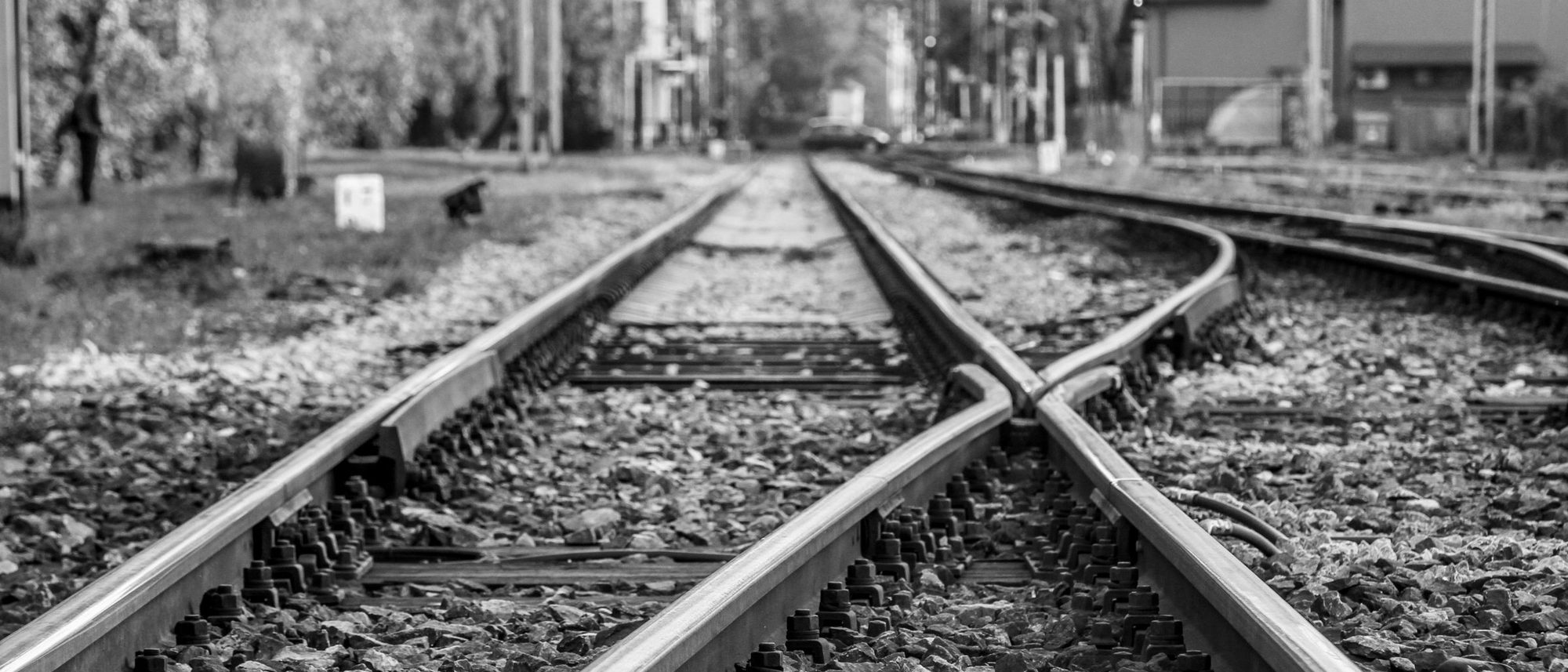 Several railway tracks run side by side and converge at a station, in black and white.