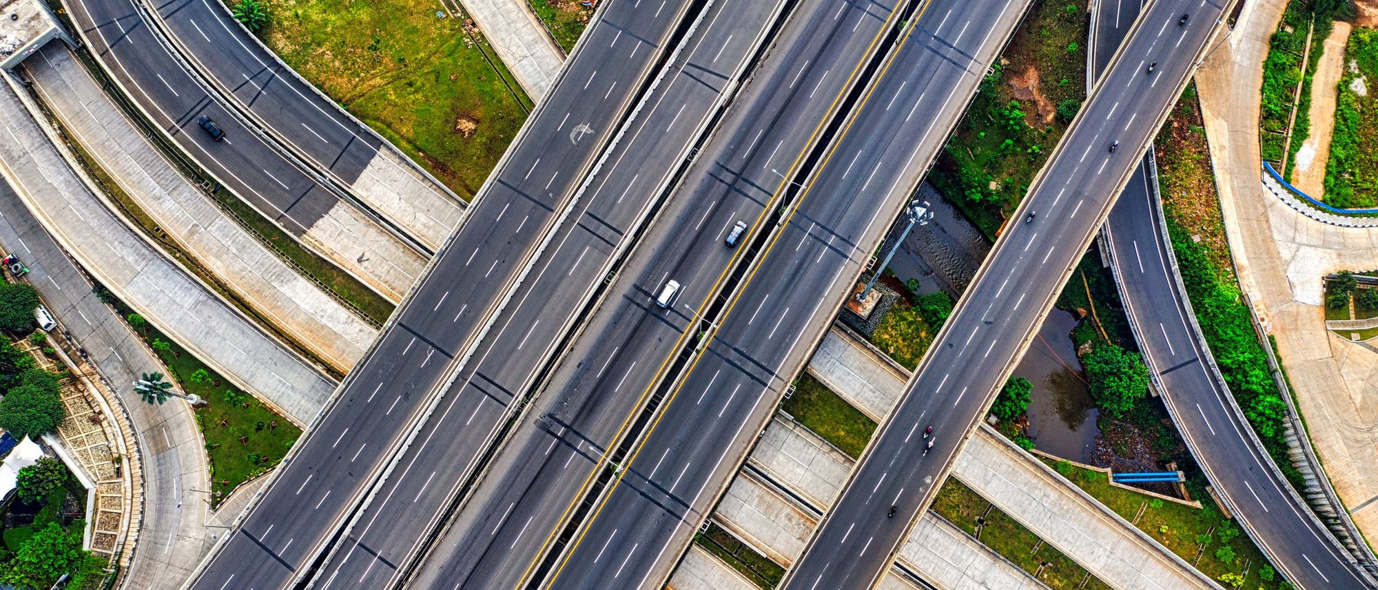 Aerial view of a multi-level highway interchange in South Jakarta.