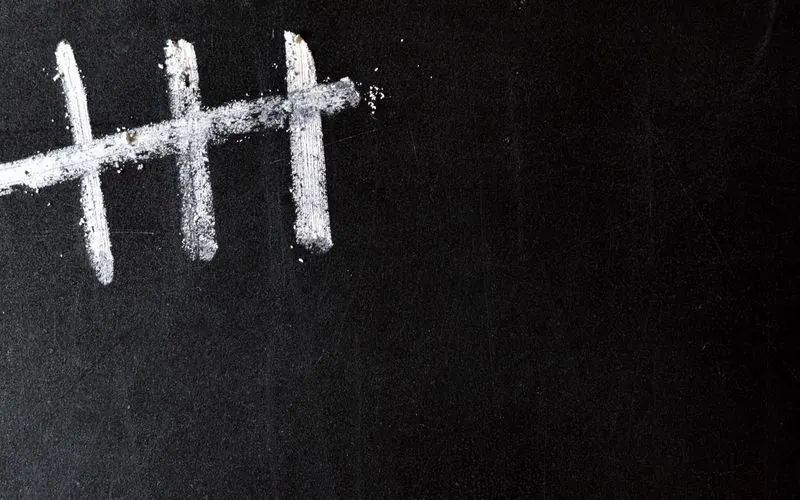 Five chalk tally marks on a black chalkboard