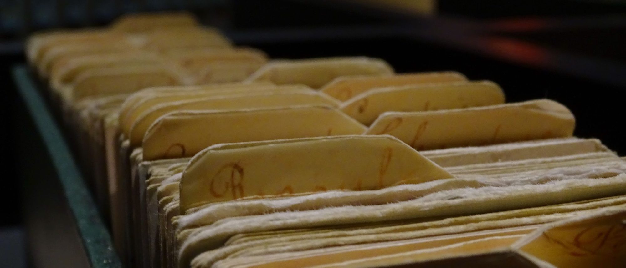 Rows of old file folders standing side by side in a dimly lit room.